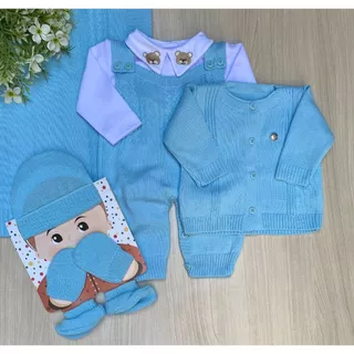 Saída De Maternidade Menino Azul Bebê Tricot + Kit Gorro
