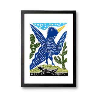 Quadro Azulão 36x51cm Moldura Xilogravura Decoração Casa Parede Sala Quarto J. Borges