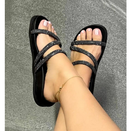 Sandália Papete Feminina Birken Tiras Com Glitter/Strass Rasteira Confortável PROMOÇÃO