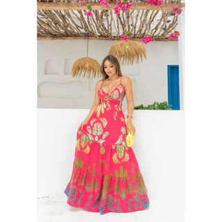 Vestido Longo Feminino Liso Alcinha Decote V De Babado Amarra Atrás Nas Costas Super Tendencia Moda Verão 2023 cod.:029