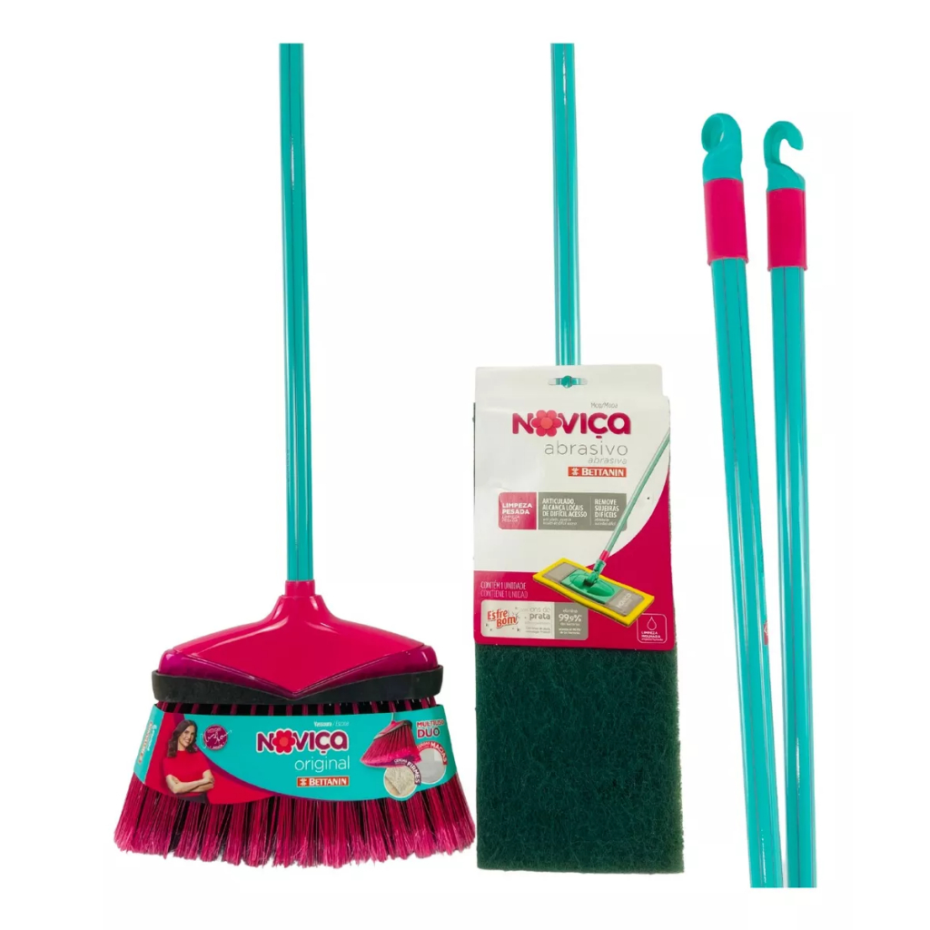 Kit Vassoura Multiuso Noviça + Mop Abrasivo Original C/ Cabo