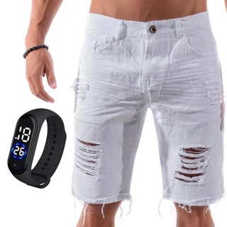 Bermuda Jeans Rasgada Branca Masculina + Relógio Esportivo A Prova D'Água