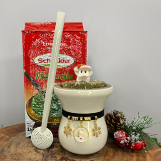 Cuia Chimarrão Imbuia + Bomba, Erva e Enfeites Natal Luxo