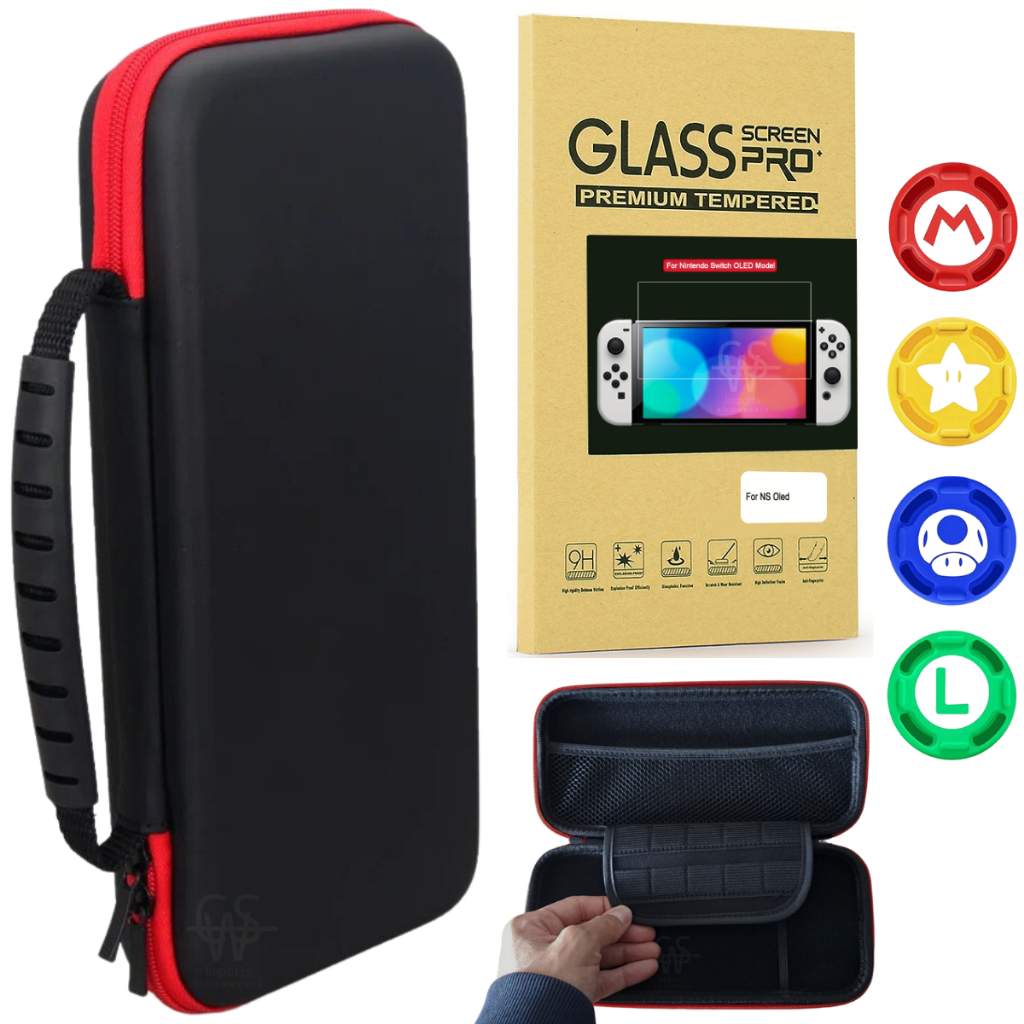 Case Estojo Bag Transporte Proteção Rígida Nintendo Switch Novo Oled+ Película De Vidro Temperado + 4 Grips