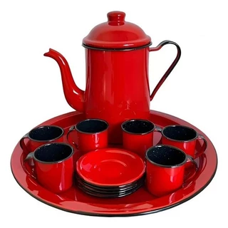 Bule De Café Esmaltado + 6 Xícaras 70ml Com Pires + Bandeja