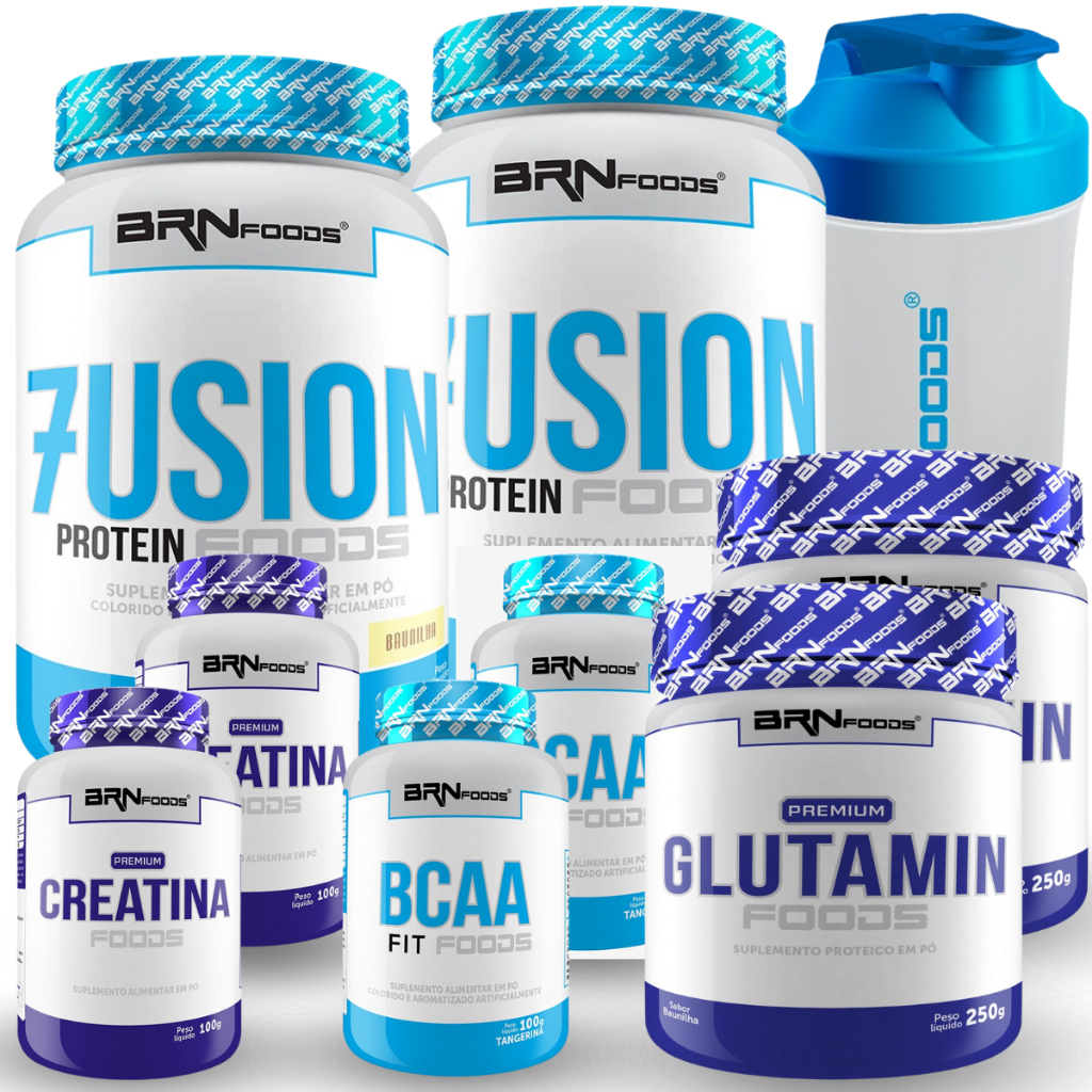 KIT 2x Whey Protein Fusion Protein 900g + 2x BCAA 100g + 2x Premium Creatina 100g + 2x Glutamina 250g + Coqueteleira – BRN Foods