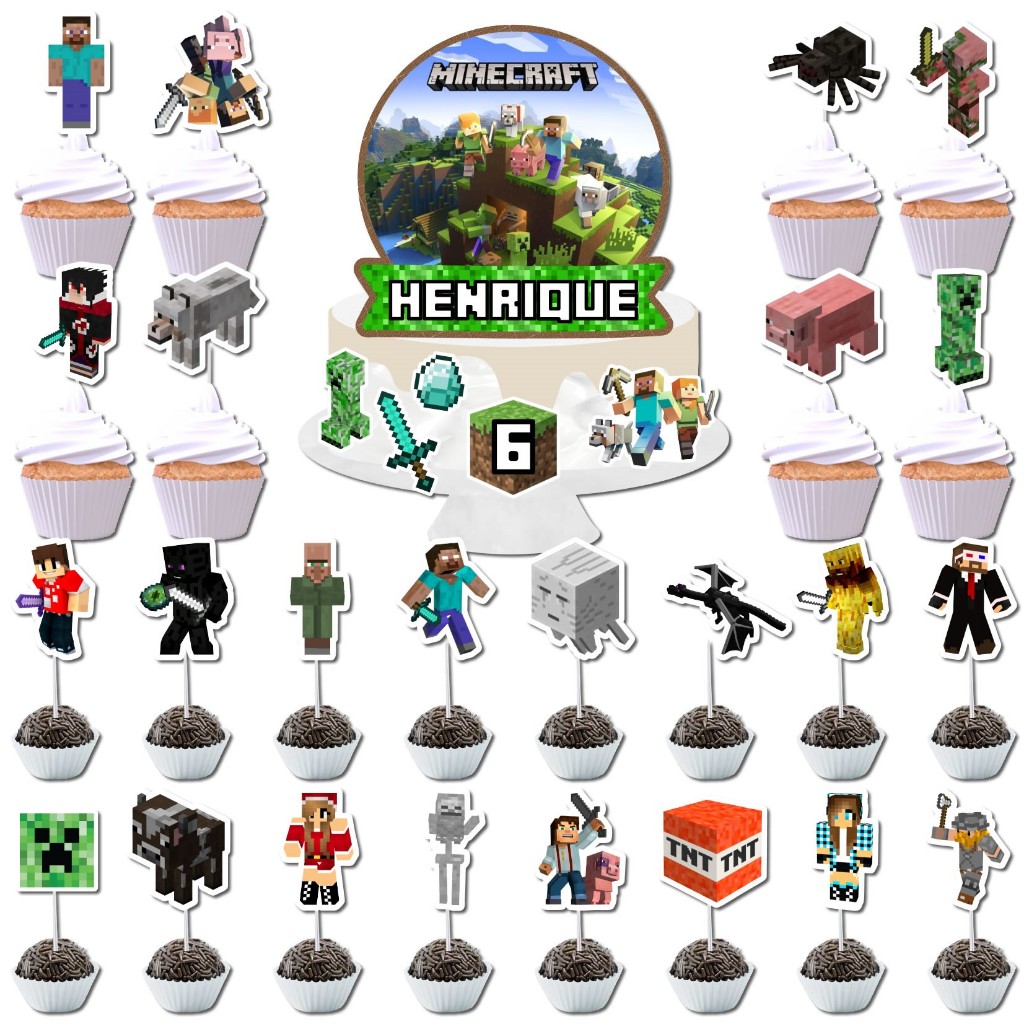 Bolo e cupcakes temáticos “Minecraft”