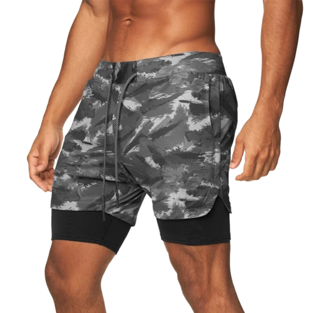 Shorts 2 em 1 camuflado de academia masculino 2 em 1bermuda dupla para  treinos corrida calçao esportivo fitnes - Melhora o Preço