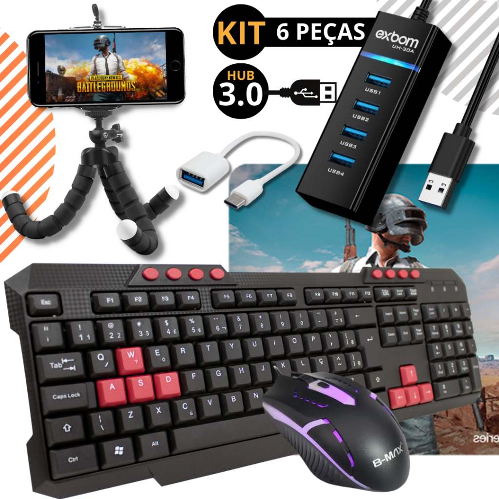 Kit Mobilador Gamer Para Android Com Teclado Mouse Tripé e Adaptador C ou V8 Free Fire