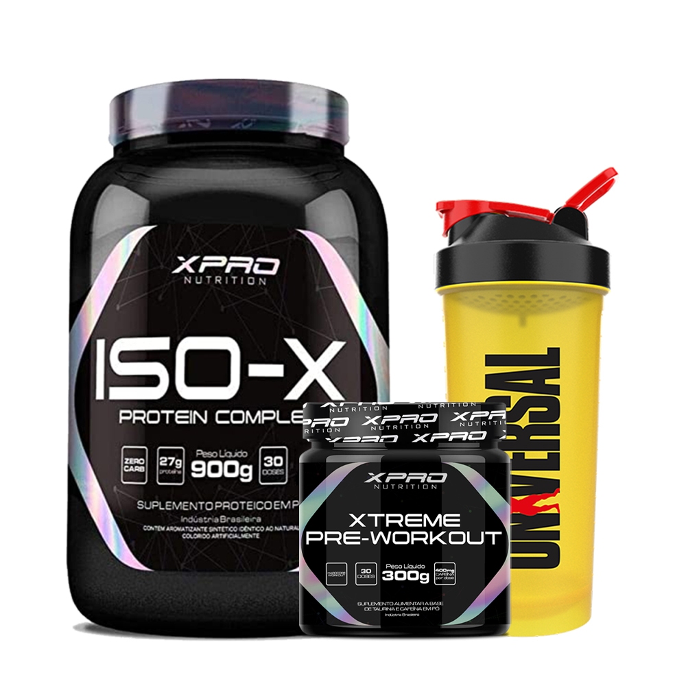 Kit Whey Protein Iso-X 900g + Pré-Treino Xtreme 300g -XPRO Nutrition + Coqueteleira 600ml -Universal