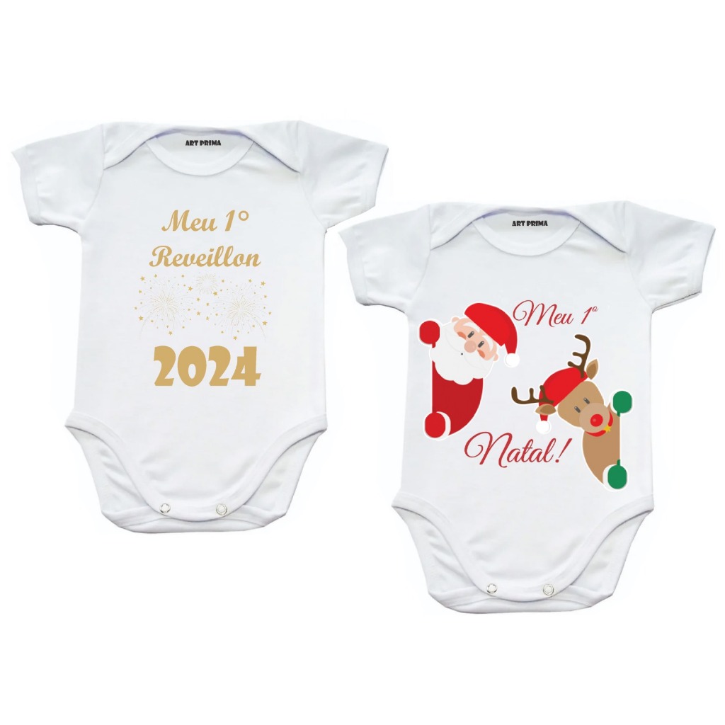 Kit Roupa de Bebe Unissex Body Meu Primeiro Natal e Body Reveillon Ano Novo