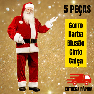 Roupa de Papai Noel Veludo Tamanho Único Com Blusão, Calça, Gorro, Cinto e Barba 5 peças