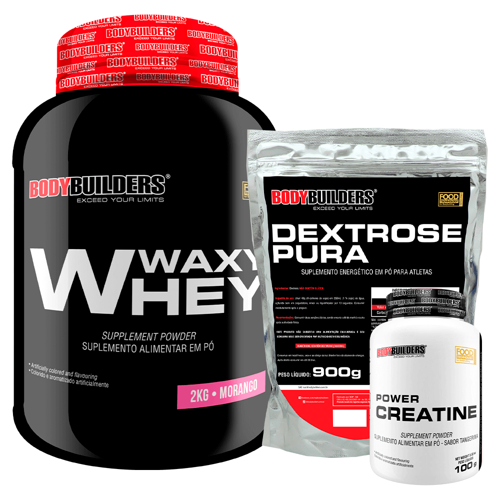 Kit Whey Protein Waxy Whey Pote 2kg + Power Creatina 100g + Dextrose Pura 900g – Suplementos Para Ganho de Massa Muscular – Bodybuilders