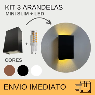 Kit 3 Arandelas mini slim + lampada 2 focos interno externo parede muro