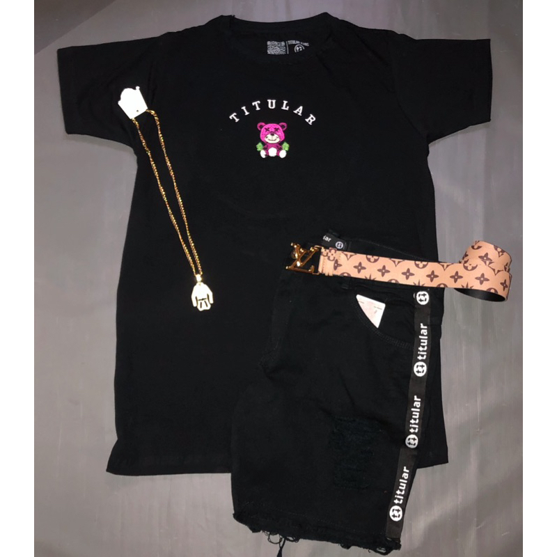 Conjunto Titular Jeans Urso (camisa + short + cordão + cinto) - Moda jogador