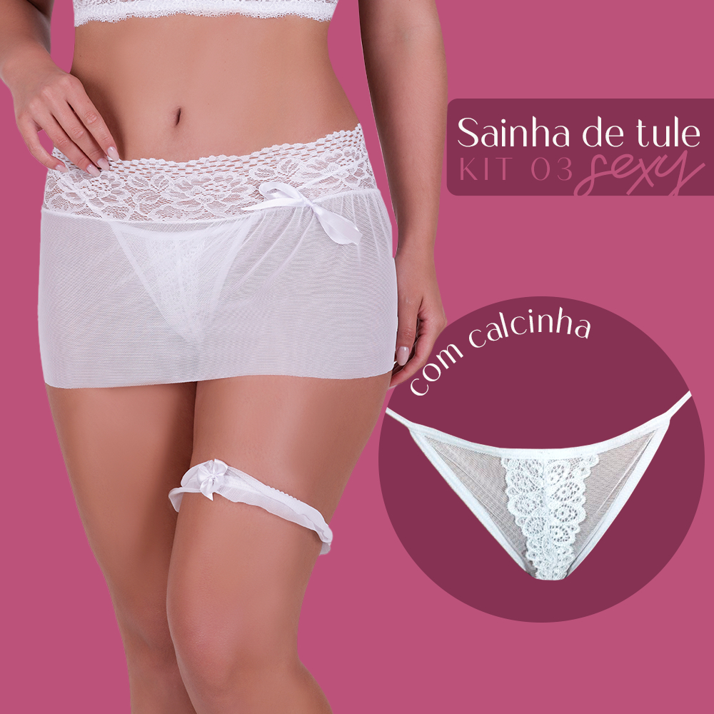 Kit Calcinha Fio Dental Mais Sainha De Tule Em Renda Sexy Com Perneira Sainha Para Fantasia