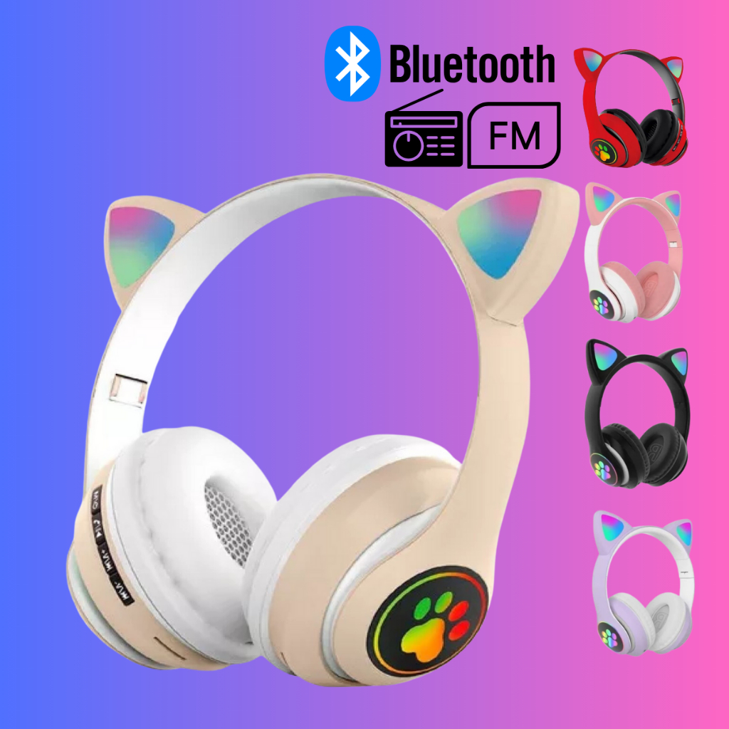 Fone de Ouvido Orelha de Gatinho Com Rádio FM Gata Bluetooth Sem Fio Música Led Colorido Cat