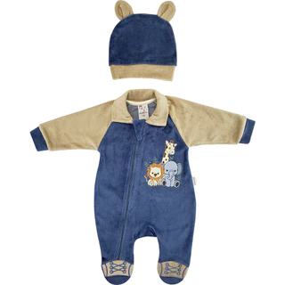 Macacão Bebê Plush Com Touca Bordado Safari Menino Inverno 2 Peças Inverno Algodão