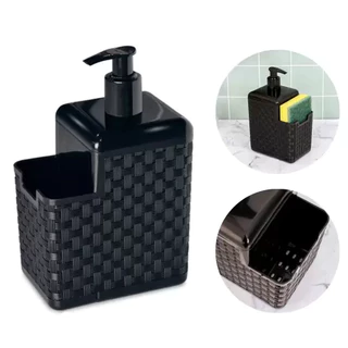 Porta Detergente Dispenser Com Suporte Para Bucha 500ml Bico Dosador Rattan Preto Dispenser Amarzenamento Porta Sabão Sabonete