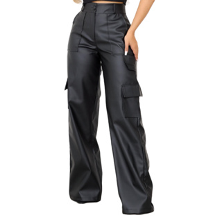 Calça Pantalona Wide Leg Reta Cargo Couro Fake Cintura Alta Moda Gringa Bolso Lateral