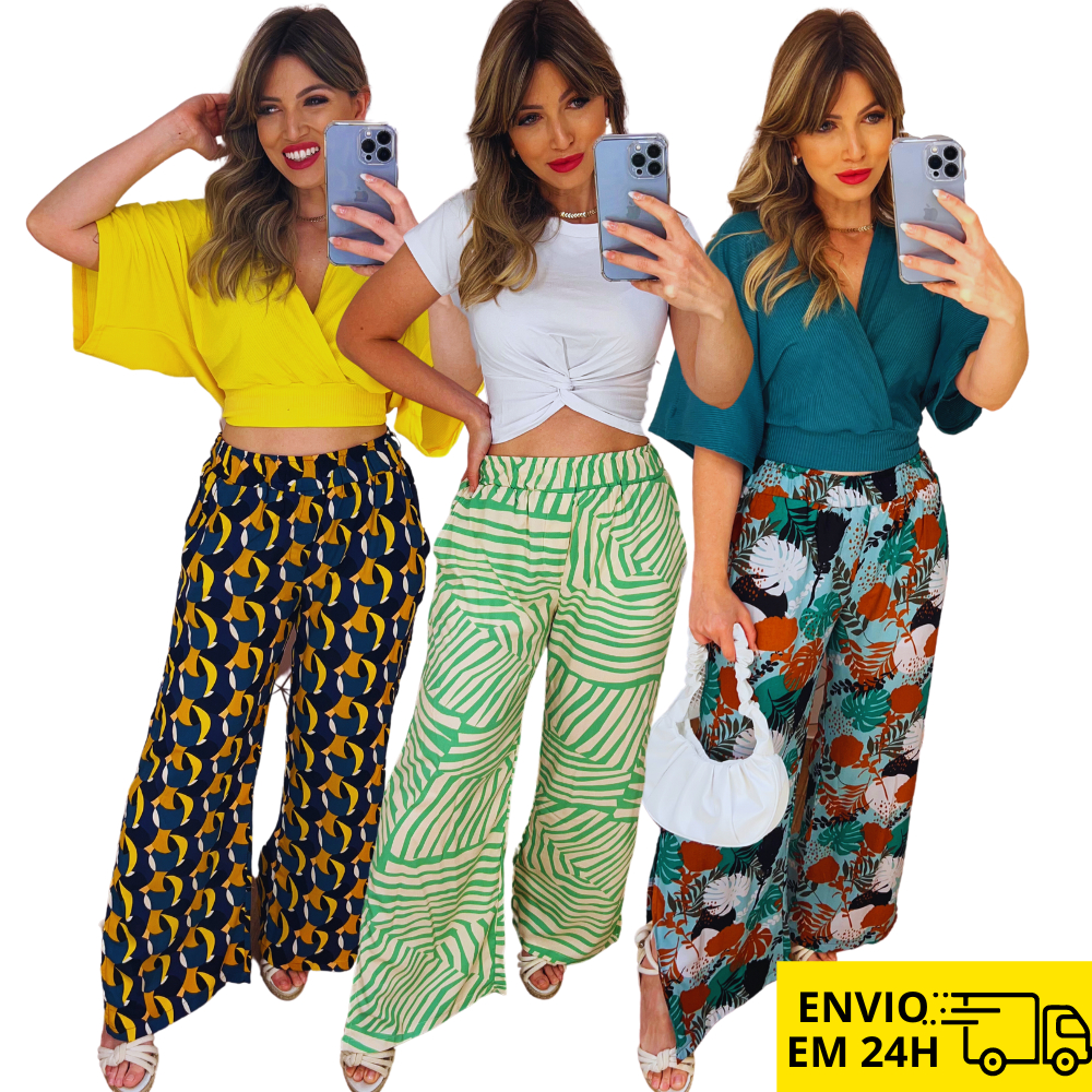 Calça Pantalona Feminina Com Bolso Forrada Fendas Laterais Soltinha Levinha Cintura Alta Elastico Forro Farm Estampada Moda Adulto Mulher Roupa Santorini Super Envio