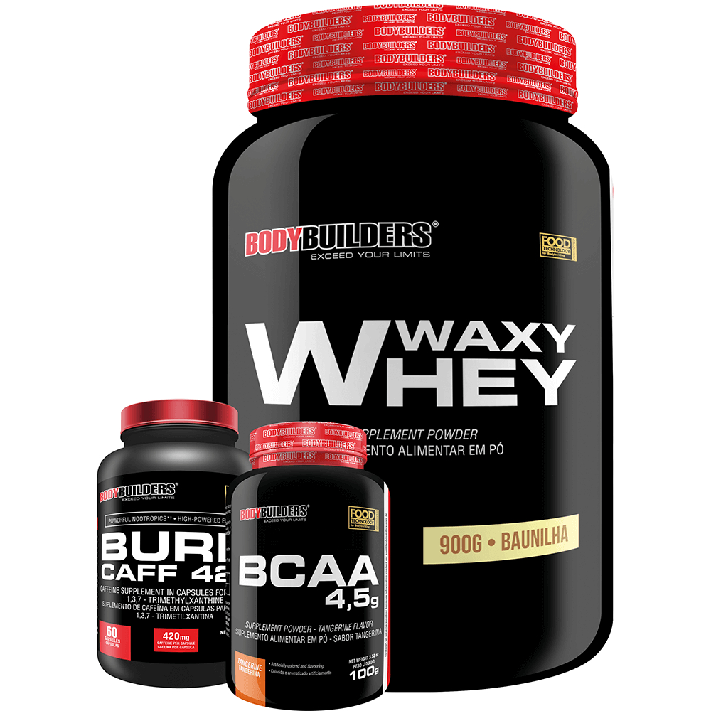 Kit Whey Protein Waxy Whey Pote 900g + BCAA 4.5 100g + Burn Caff 420 60 Cáps – Suplementos Para Ganho de Massa Muscular e Potencialização no Treino de Musculação na Academia – Bodybuilders