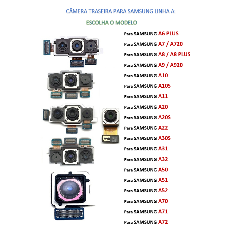 Câmera Traseira Para Samsung Galaxy A8 / A9 / A6+ / A10 / A22 / A11 / A31 / A32 / A52 / A30s / A20s / A50 / A70 Original