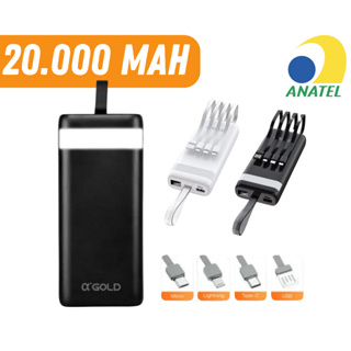 Carregador Portátil Power Bank 20.000 mah Para iPhone E Samsung Preto Universal Com Lanterna
