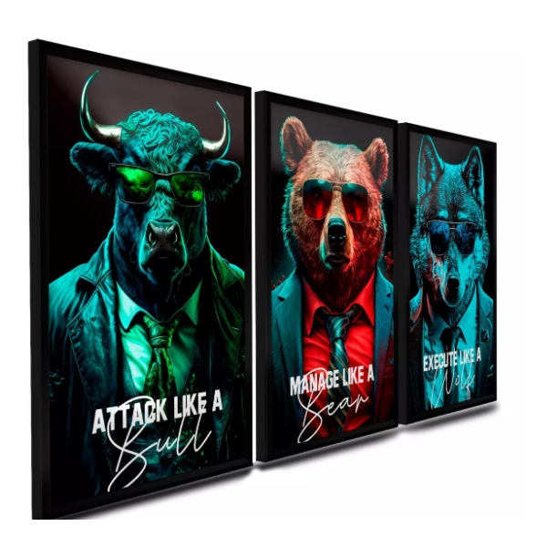 Quadro decoratvo Quadro Finanças Trader Touro Urso Lobo Wallstreet Decora 3 peças sala quarto cozinha e escritório decoraçao