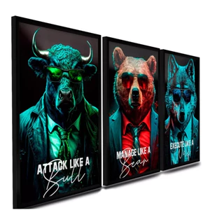Quadro decoratvo Quadro Finanças Trader Touro Urso Lobo Wallstreet Decora 3 peças sala quarto cozinha e escritório decoraçao