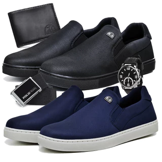 Kit 2 Tênis Masculino Mocassim Slip On Sapatênis Iate Casual Básico Polo Fran Com Carteira Cinto e Relógio Bali