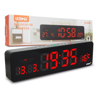 Relógio De Parede Cozinha Digital Led Calendário Termômetro Preto LED Vermelho 32CM LE-2138