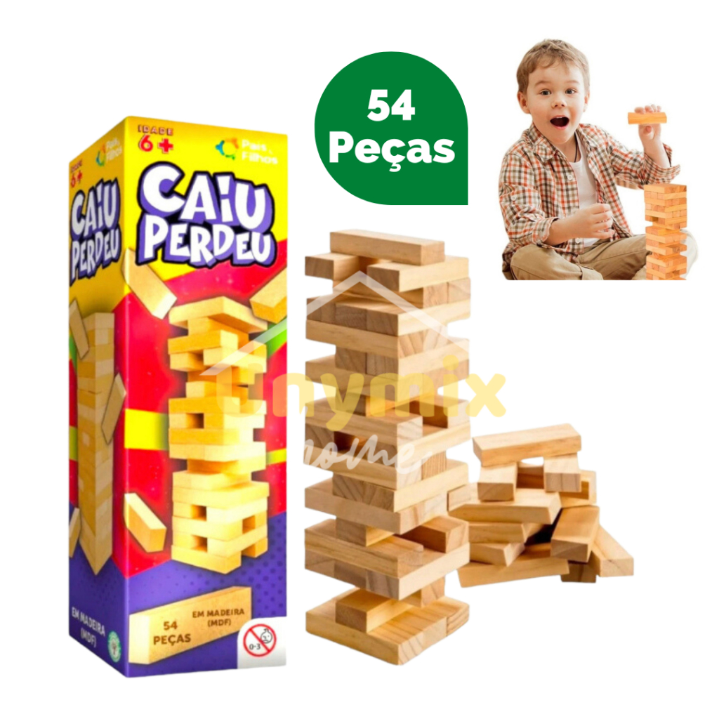 Jogo Caiu Perdeu Brinquedo Torre Jenga Equilíbrio Mdf 54 Pçs