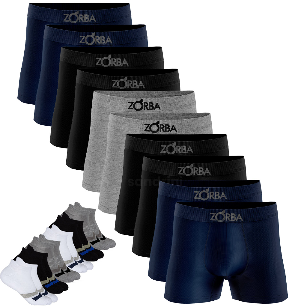Kit 10 Cuecas Zorba Boxer Adulto Algodão Seamless Masculinas Box + 12 Meias Cano Curto