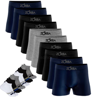 Kit 10 Cuecas Zorba Boxer Adulto Algodão Seamless Masculinas Box + 12 Meias Cano Curto