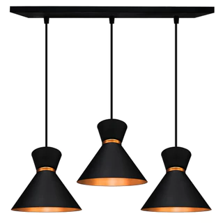 Lustre Pendente Triplo Luxo Rainha Preto c/ Cobre Na Canopla Retangular