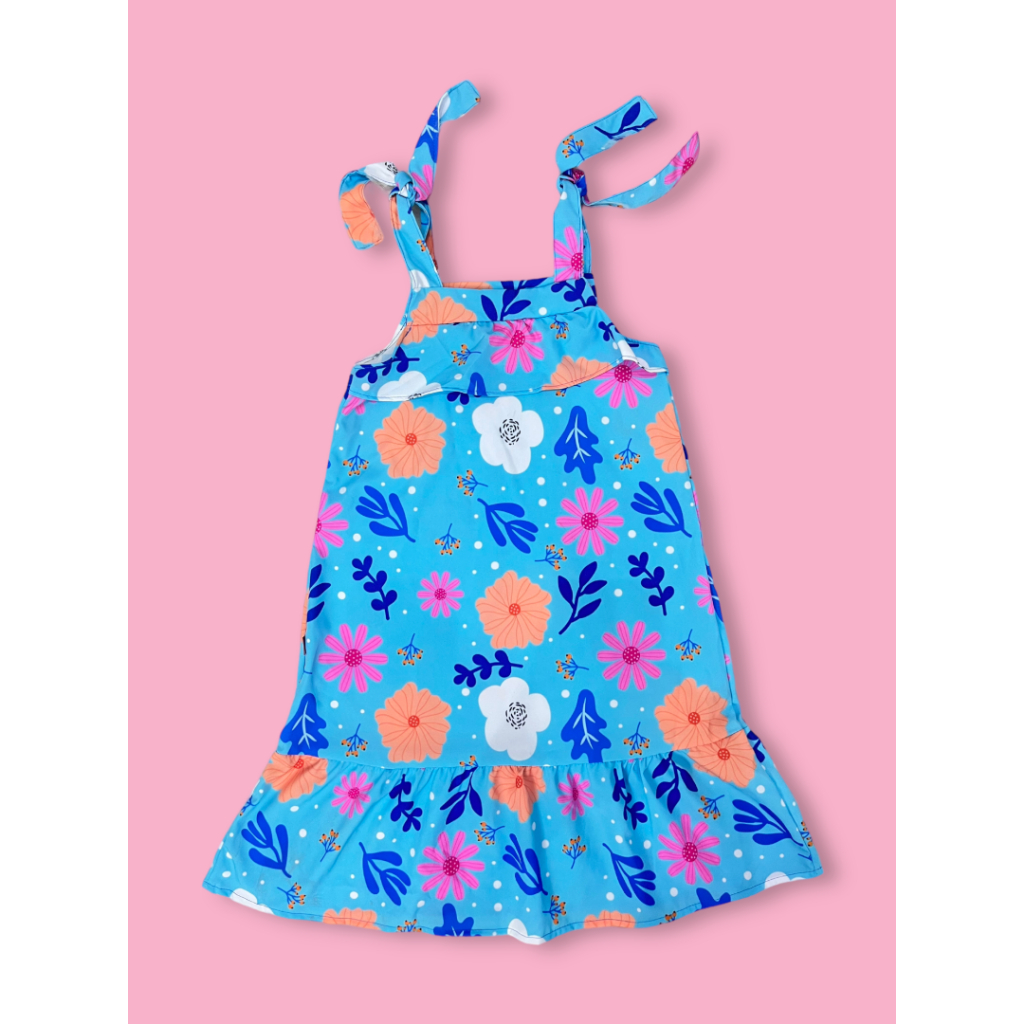 Vestido infantil Kawaii com laço floral e flores boêmias, sem mangas, alças  de praia, roupas de princesa fit & Flare