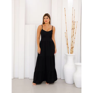 Vestido Longo De Alça Duna Com Bojo Forrado Manga Babado Com Elástico Latex Moda Blogueira