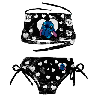 Conjunto Biquini Infantil Lilo E Stitch Corações Preto Cropped Estampado