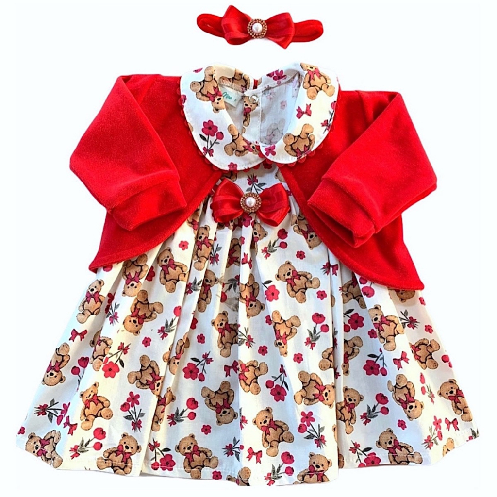 Vestido de Bebê Menina 100% Algodão com Bolero de Plush Mundo Nina