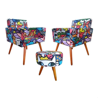 Kit 2 Poltronas Decorativa Nina + Puff ROMERO BRITTO Pés Palito