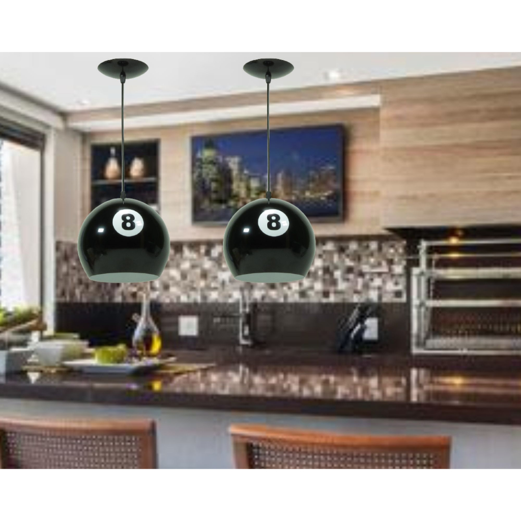 Kit 2 Luminaria Pendente Lustre Bola 8 Grande Vintage Preto Brilhante