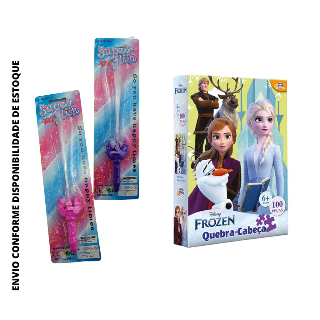 Quebra cabeça Frozen 100 peças Princesa Disney Menina + Varinha com Luz