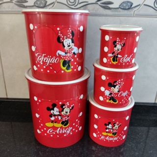 Jogo de mantimentos de plástico redondo adesivado vermelho Mickey e Minnie