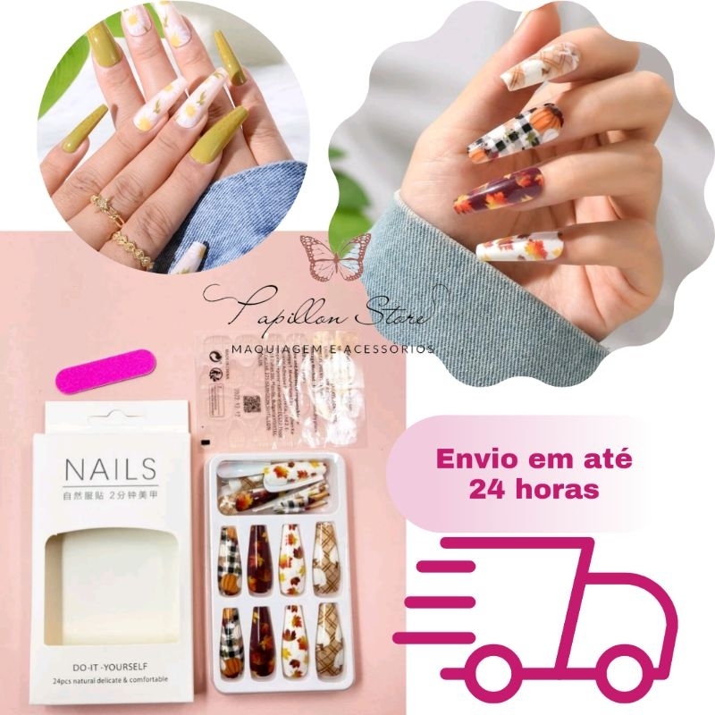 Unhas Postiças Tips Decoradas Com 24 Unidades Cada Caixa Brinde Lixa E Cola  Adesiva Para Colocacao