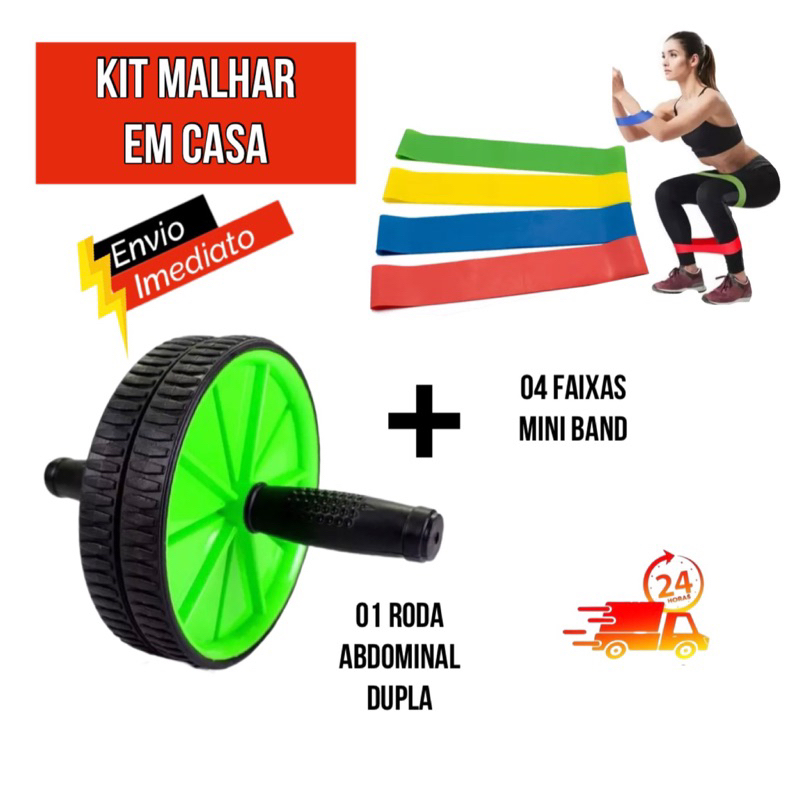 Kit Malhar em Casa 1 Roda Abdominal Dupla + 4 Mini Band