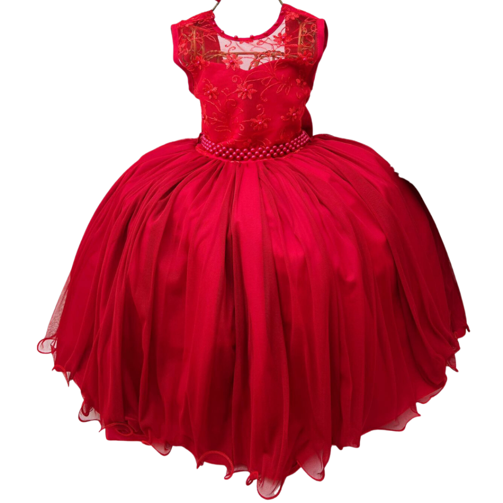 Vestido infantil vestido de princesa para meninas vestido de bolo bufante  com nó de laço de contas grande festa infantil (vermelho, 7-8 anos)