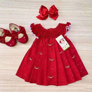 Vestido Casinha de Abelha Vermelho Natal Menina Bebe Bordado Luxo