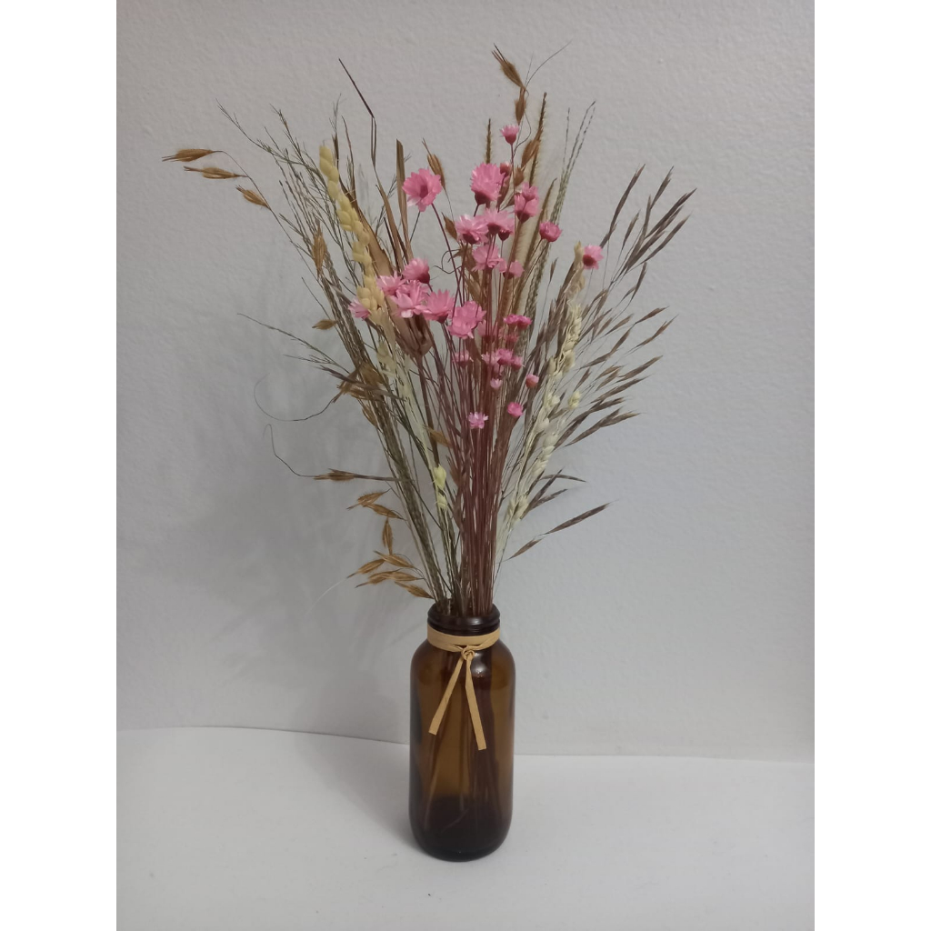 Arranjo Mini Frasco de Vidro Âmbar com Flores Secas - Vaso Comprido 70ml (9cm)