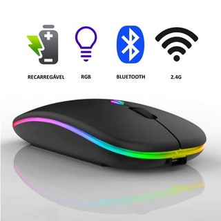 Mouse Bluetooth e Wireless Recarregável Sem Fio Gamer com LED RGB 2.4 GHz e Bluetooth 5.0 - Compatível com Celular, Notebook, Computador e Tablet